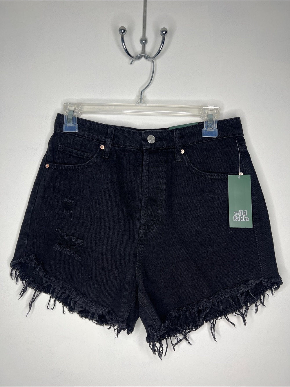 wild fable Black High-Rise Distressed Frayed Hem Denim Shorts